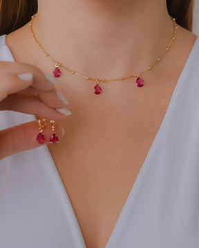 Conjunto Brinco e Colar Gota de Cristal Rosa no Dourado