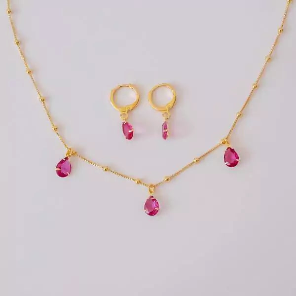 Conjunto Brinco e Colar Gota de Cristal Rosa no Dourado