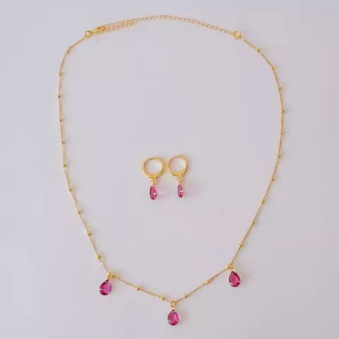 Conjunto Brinco e Colar Gota de Cristal Rosa no Dourado