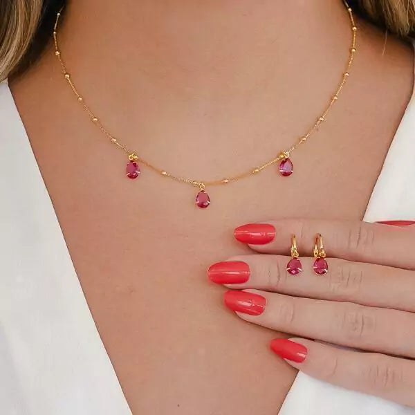 Conjunto Brinco e Colar Gota de Cristal Rosa no Dourado